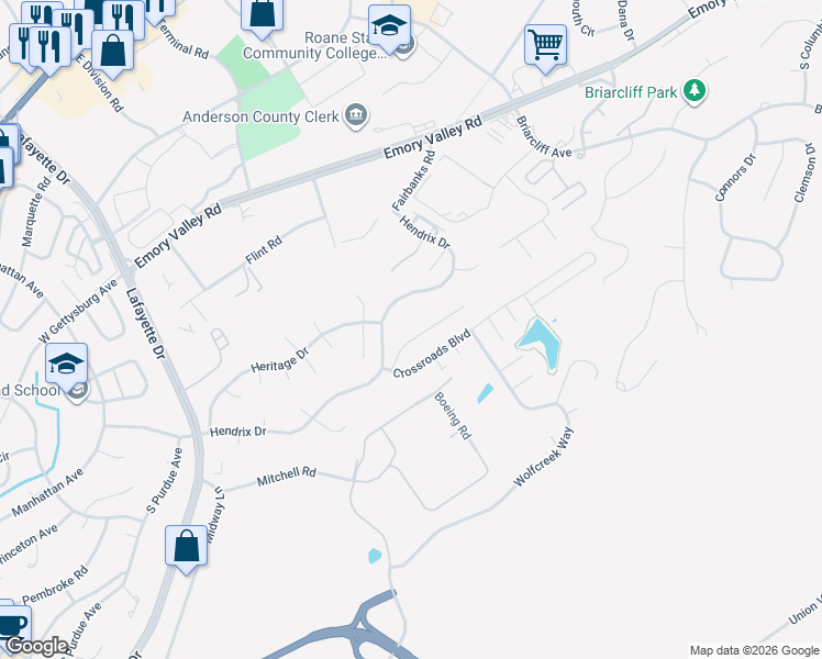map of restaurants, bars, coffee shops, grocery stores, and more near 104 High Point Lane in Oak Ridge