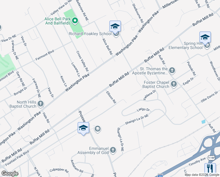 map of restaurants, bars, coffee shops, grocery stores, and more near 2713 Ellison Road in Knoxville