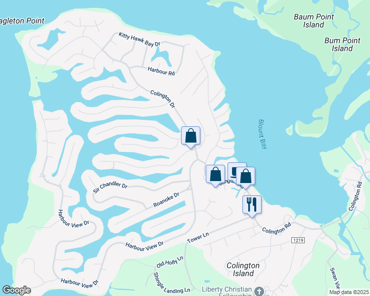 map of restaurants, bars, coffee shops, grocery stores, and more near 106 Eagle Drive in Kill Devil Hills