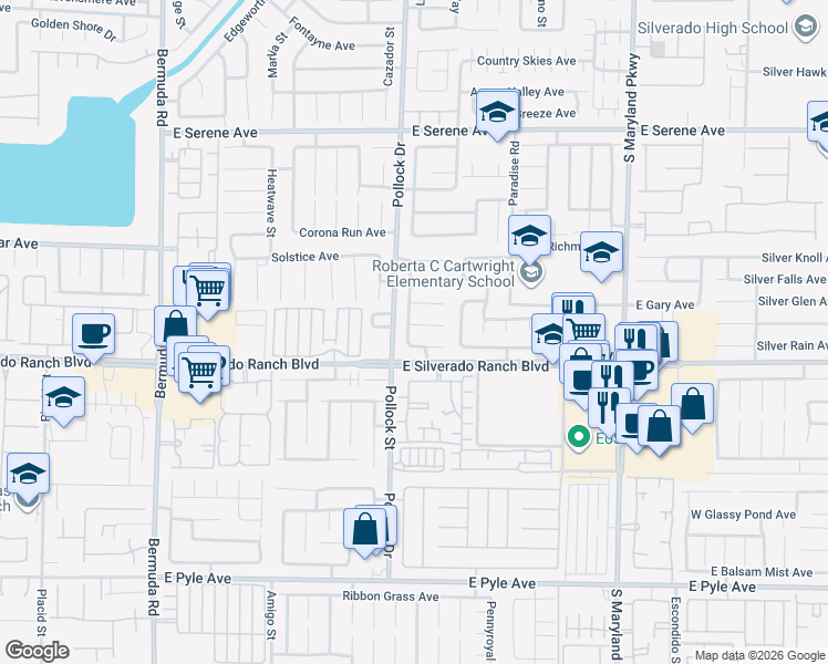 map of restaurants, bars, coffee shops, grocery stores, and more near 833 Glitter Glen Court in Las Vegas