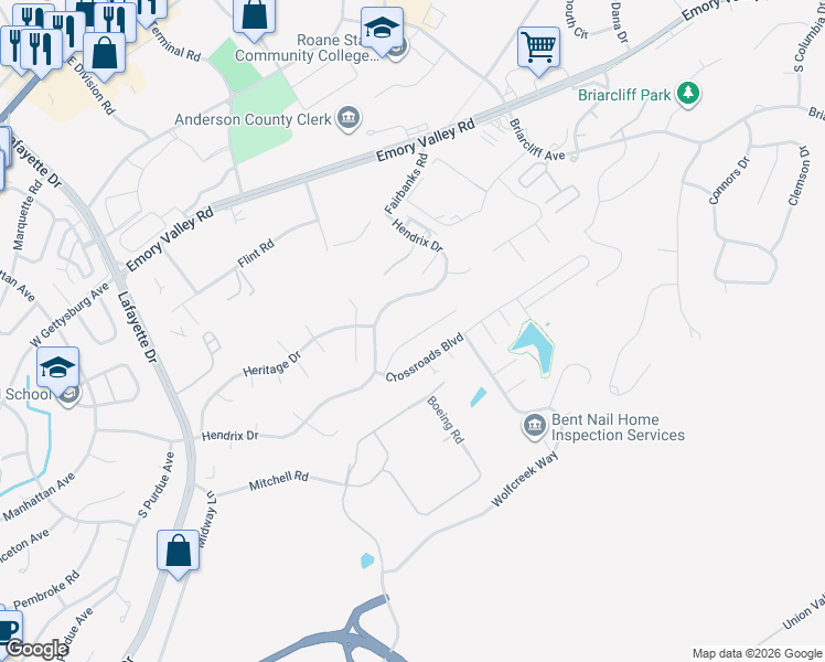 map of restaurants, bars, coffee shops, grocery stores, and more near 119 High Point Lane in Oak Ridge
