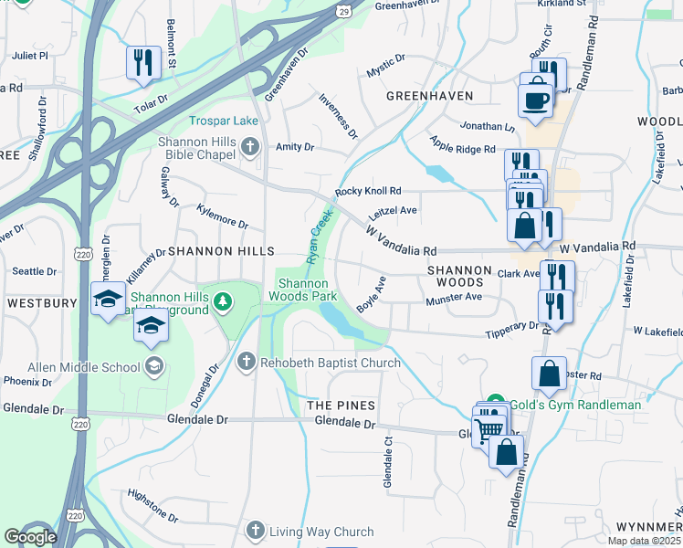 map of restaurants, bars, coffee shops, grocery stores, and more near 812 Tipperary Drive in Greensboro