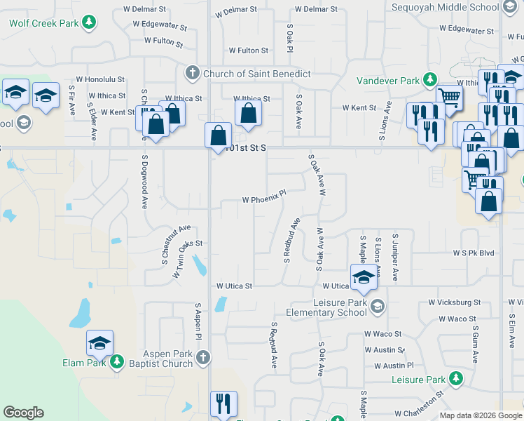 map of restaurants, bars, coffee shops, grocery stores, and more near 1708 West Phoenix Place in Broken Arrow
