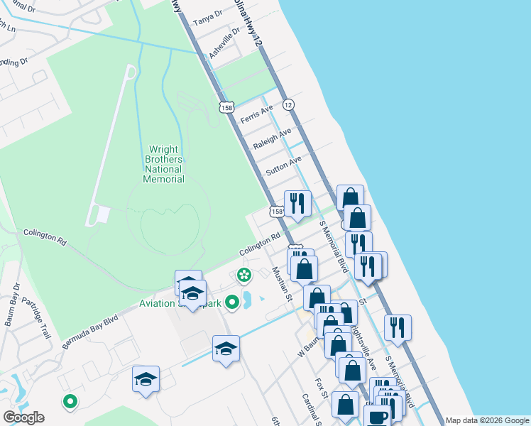 map of restaurants, bars, coffee shops, grocery stores, and more near North Croatan Highway in Kill Devil Hills
