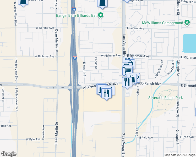 map of restaurants, bars, coffee shops, grocery stores, and more near 2615 West Gary Avenue in Las Vegas