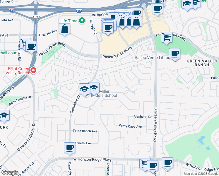 map of restaurants, bars, coffee shops, grocery stores, and more near 283 Queen Creek Circle in Henderson