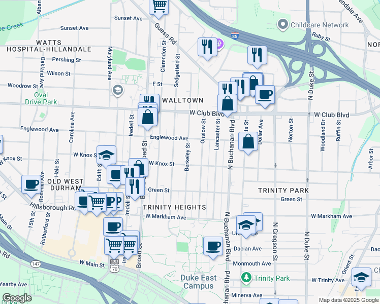 map of restaurants, bars, coffee shops, grocery stores, and more near 1023 Onslow Street in Durham