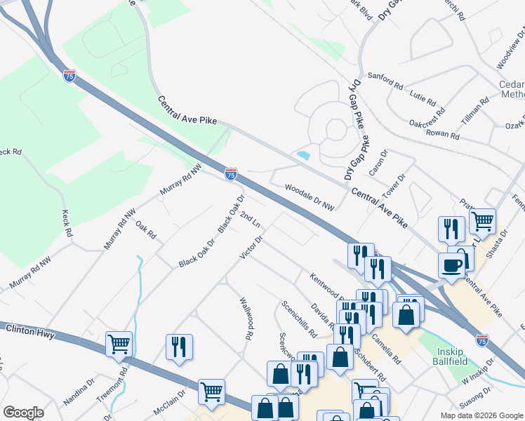 map of restaurants, bars, coffee shops, grocery stores, and more near 5816 Primus Road in Knoxville