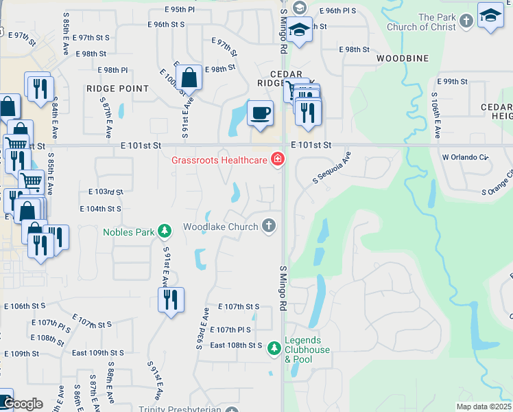 map of restaurants, bars, coffee shops, grocery stores, and more near 9622 East 102nd Place in Tulsa