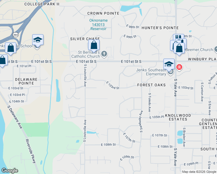 map of restaurants, bars, coffee shops, grocery stores, and more near 3849 East 103rd Street in Tulsa
