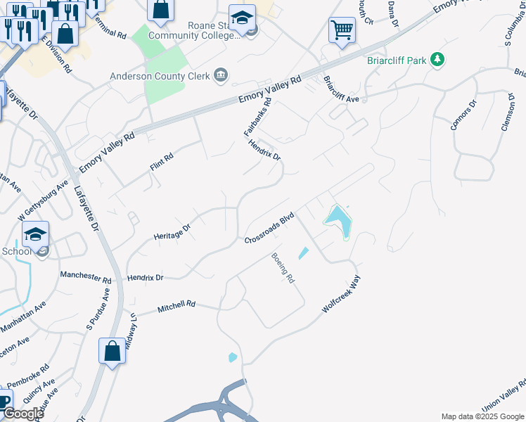 map of restaurants, bars, coffee shops, grocery stores, and more near 121 High Point Lane in Oak Ridge