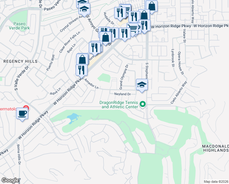 map of restaurants, bars, coffee shops, grocery stores, and more near 1486 Neyland Drive in Henderson
