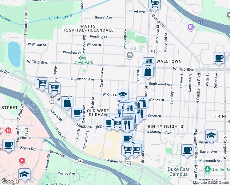 map of restaurants, bars, coffee shops, grocery stores, and more near 2104 West Knox Street in Durham