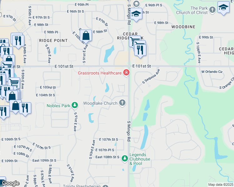 map of restaurants, bars, coffee shops, grocery stores, and more near 9622 East 102nd Place in Tulsa