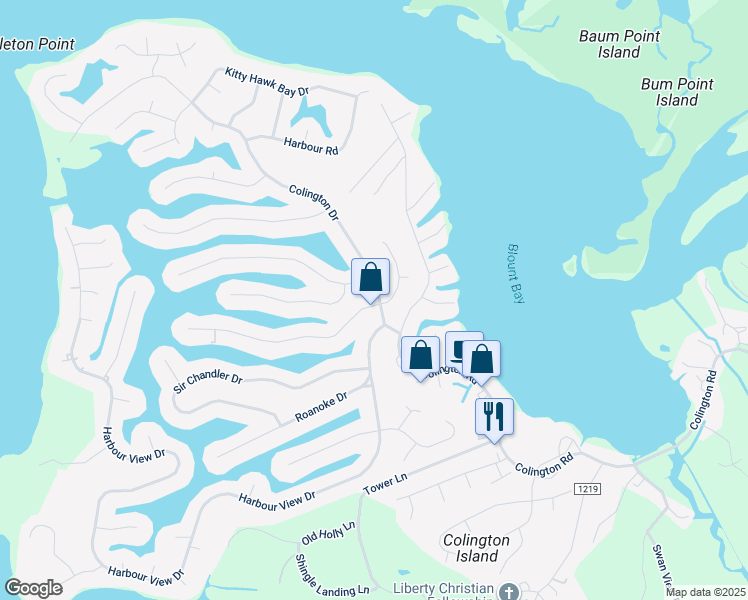 map of restaurants, bars, coffee shops, grocery stores, and more near 201 Colington Drive in Kill Devil Hills