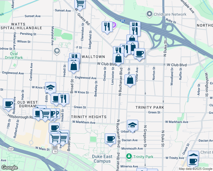 map of restaurants, bars, coffee shops, grocery stores, and more near 1014 Onslow Street in Durham