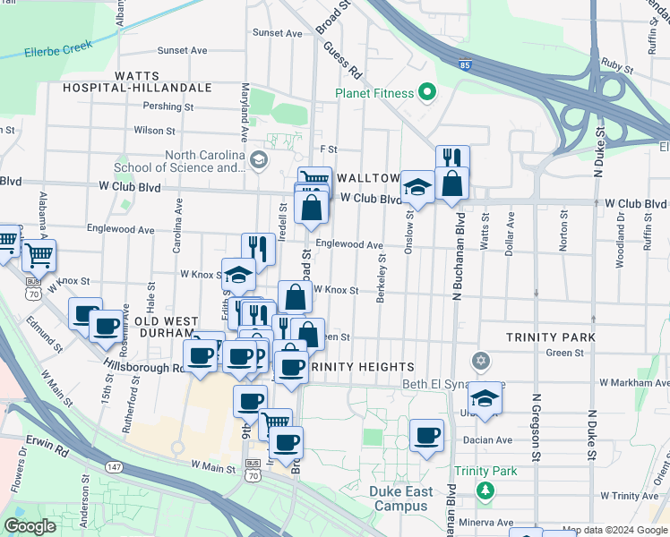map of restaurants, bars, coffee shops, grocery stores, and more near 1010 Clarendon Street in Durham