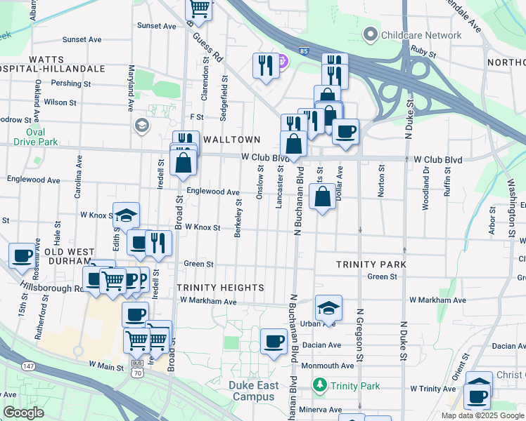 map of restaurants, bars, coffee shops, grocery stores, and more near 1014 Onslow Street in Durham