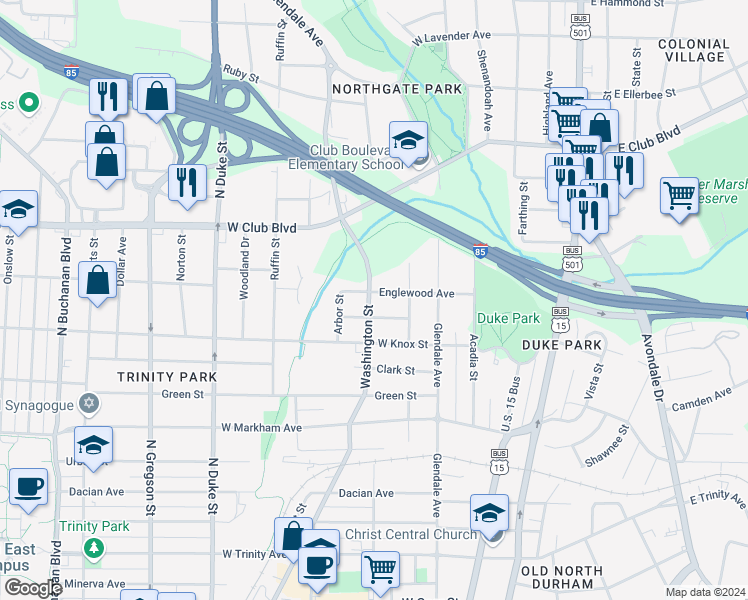 map of restaurants, bars, coffee shops, grocery stores, and more near 415 Englewood Ave in Durham