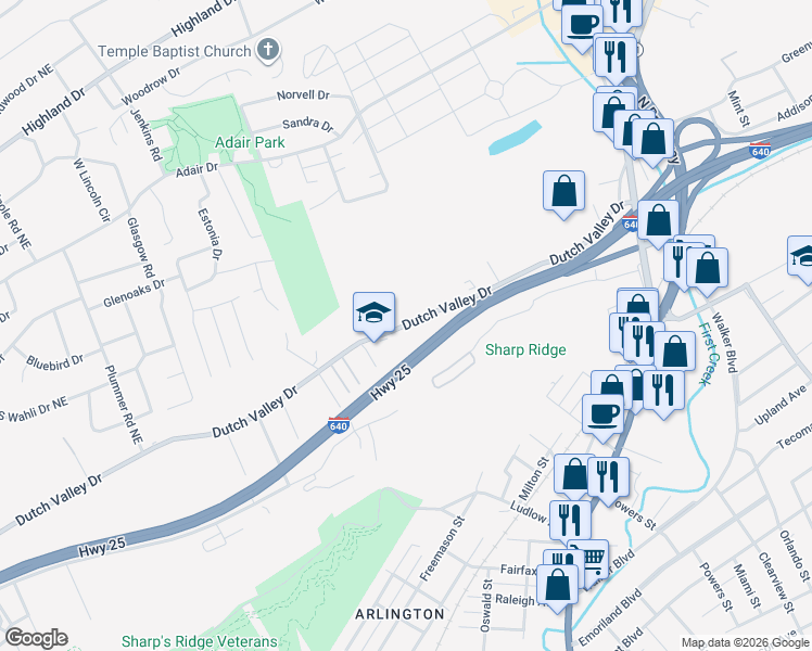 map of restaurants, bars, coffee shops, grocery stores, and more near 2004 Dutch Valley Drive in Knoxville