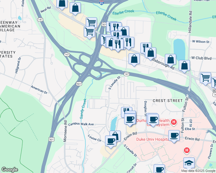 map of restaurants, bars, coffee shops, grocery stores, and more near 115 Blue Crest Lane in Durham