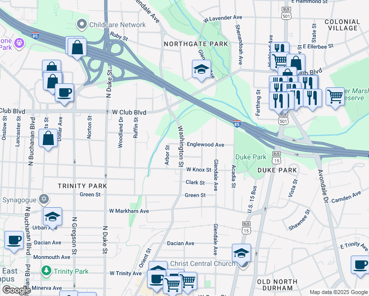 map of restaurants, bars, coffee shops, grocery stores, and more near 415 Englewood Avenue in Durham