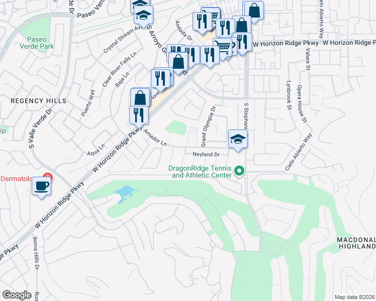 map of restaurants, bars, coffee shops, grocery stores, and more near 1494 Neyland Drive in Henderson