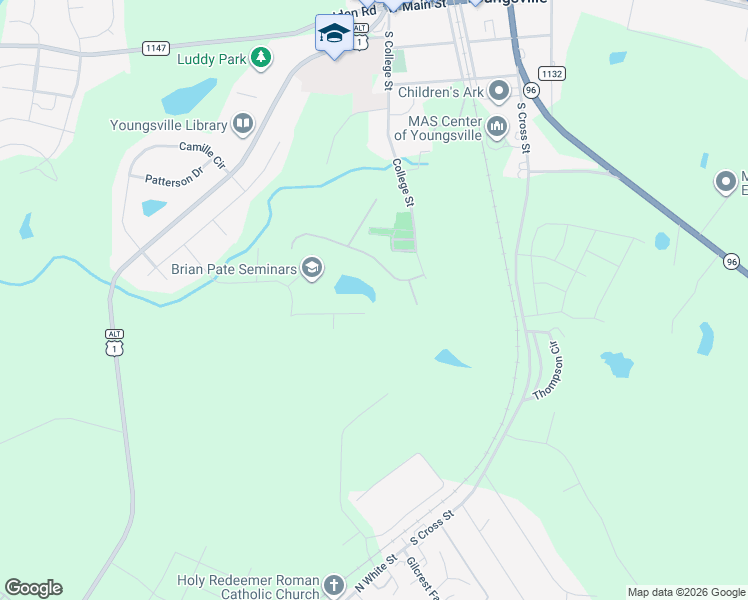map of restaurants, bars, coffee shops, grocery stores, and more near 113 Country Brook Lane in Youngsville