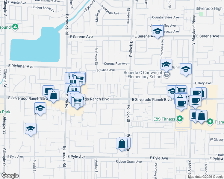 map of restaurants, bars, coffee shops, grocery stores, and more near 9648 Silver City Drive in Las Vegas