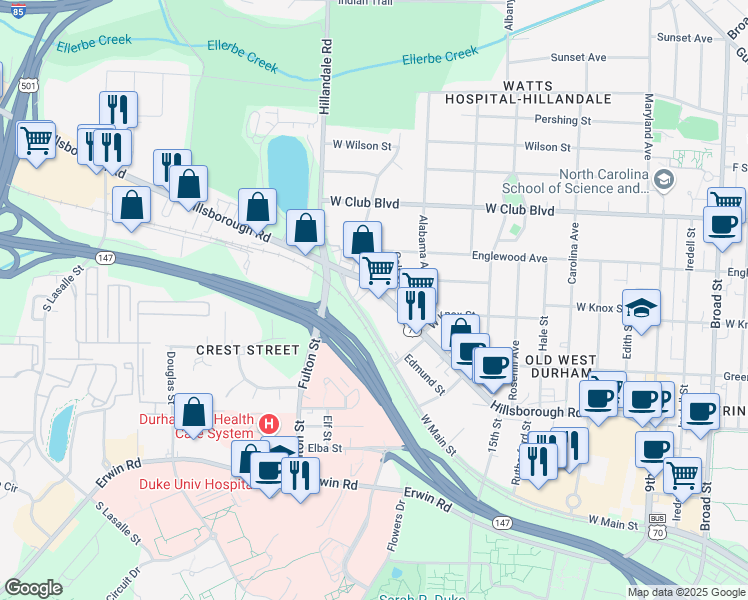 map of restaurants, bars, coffee shops, grocery stores, and more near 2930 West Main Street in Durham