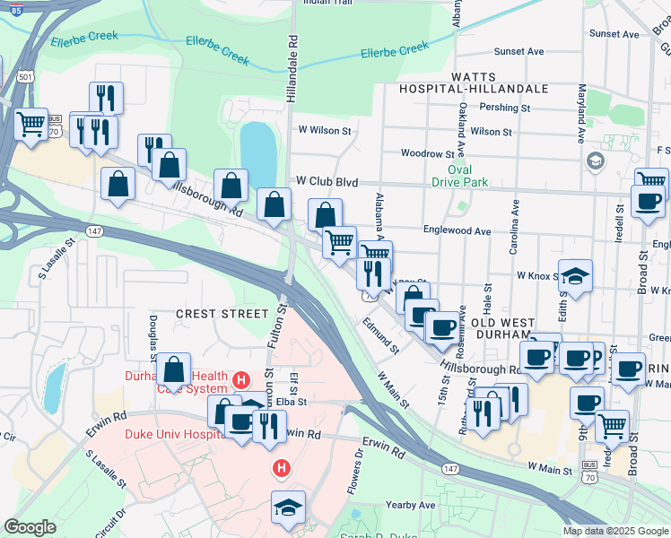 map of restaurants, bars, coffee shops, grocery stores, and more near 2930 West Main Street in Durham