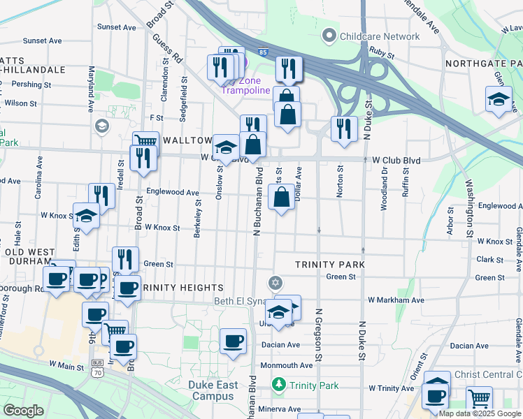 map of restaurants, bars, coffee shops, grocery stores, and more near 1014 North Buchanan Boulevard in Durham