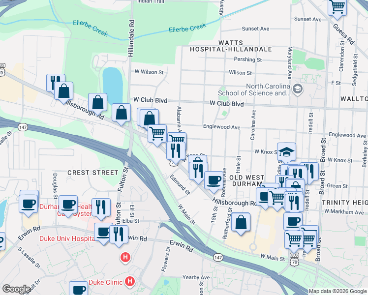map of restaurants, bars, coffee shops, grocery stores, and more near 1008 Alabama Avenue in Durham