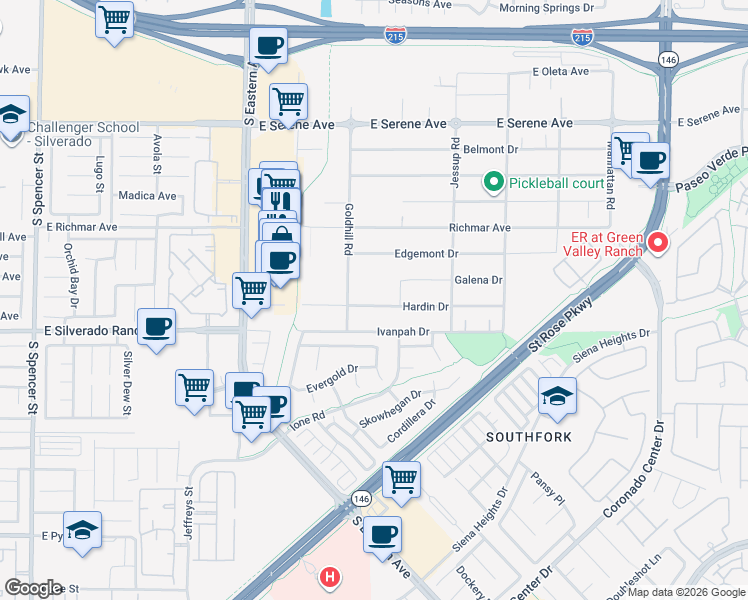 map of restaurants, bars, coffee shops, grocery stores, and more near 2935 Hardin Drive in Henderson