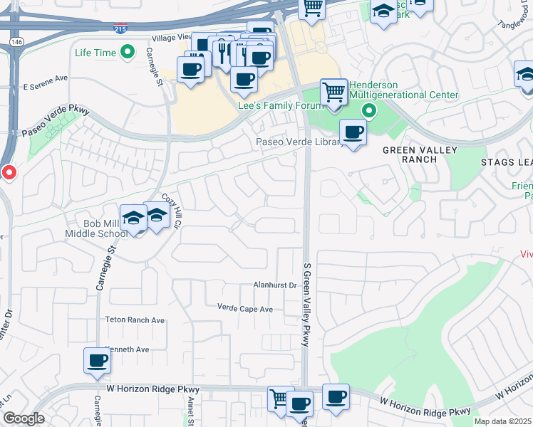 map of restaurants, bars, coffee shops, grocery stores, and more near 2228 Summerwind Circle in Henderson