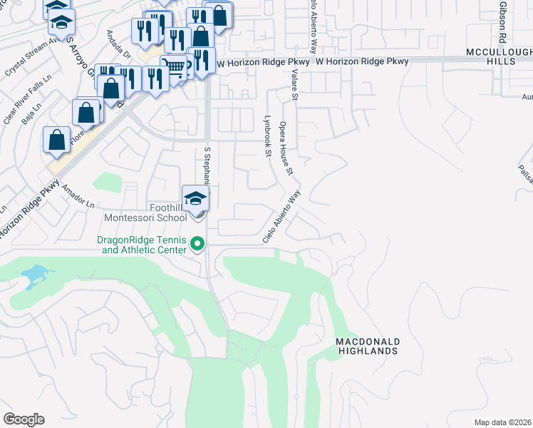 map of restaurants, bars, coffee shops, grocery stores, and more near 1320 Calle Cantar in Henderson
