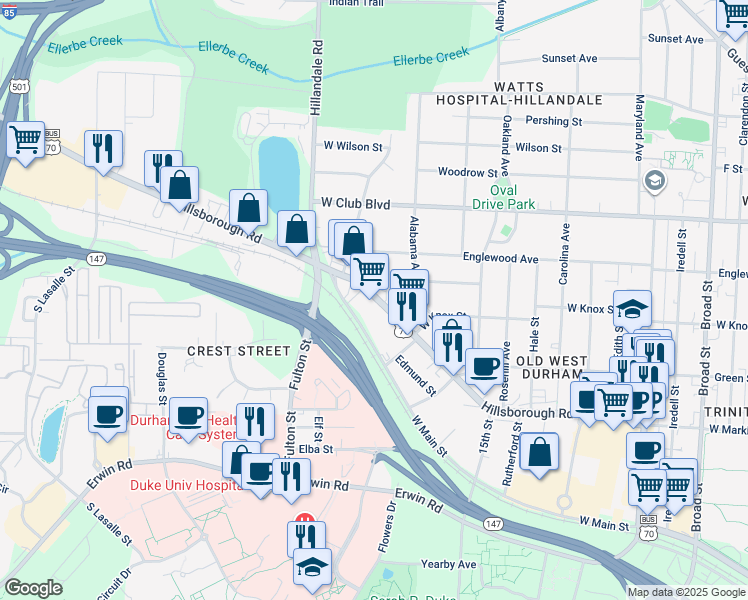 map of restaurants, bars, coffee shops, grocery stores, and more near 2813 Hillsborough Road in Durham