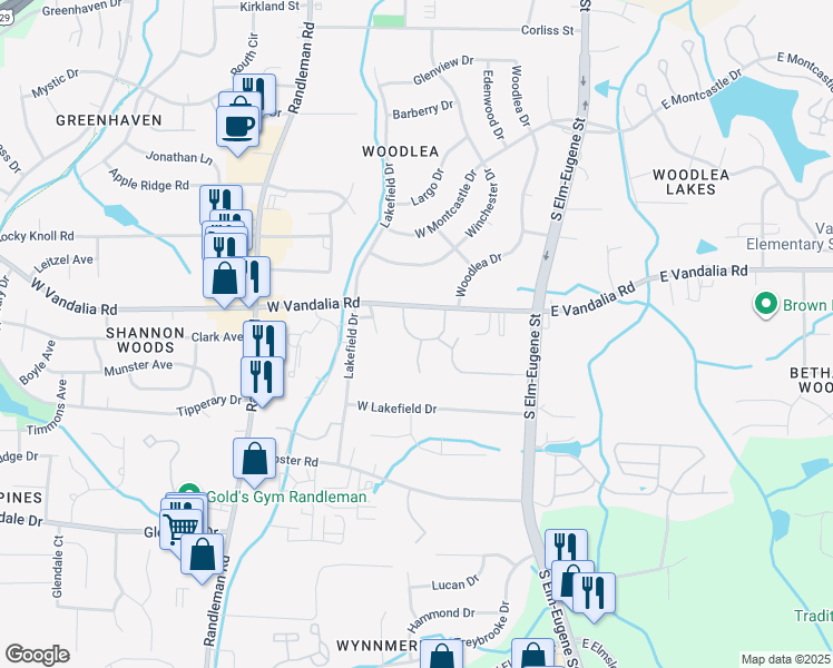 map of restaurants, bars, coffee shops, grocery stores, and more near 209 West Vandalia Road in Greensboro