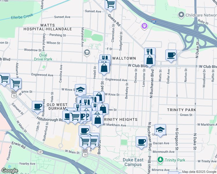 map of restaurants, bars, coffee shops, grocery stores, and more near 1018 Clarendon Street in Durham