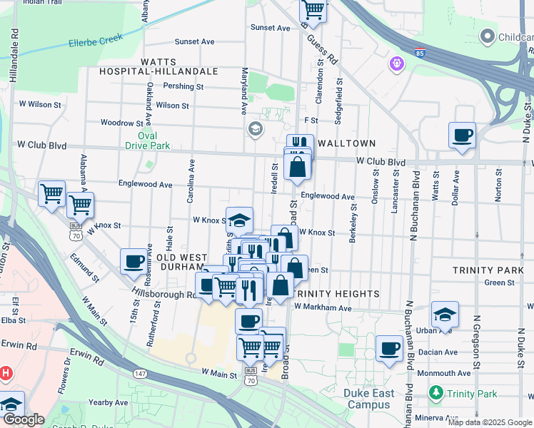 map of restaurants, bars, coffee shops, grocery stores, and more near 1019 Iredell Street in Durham