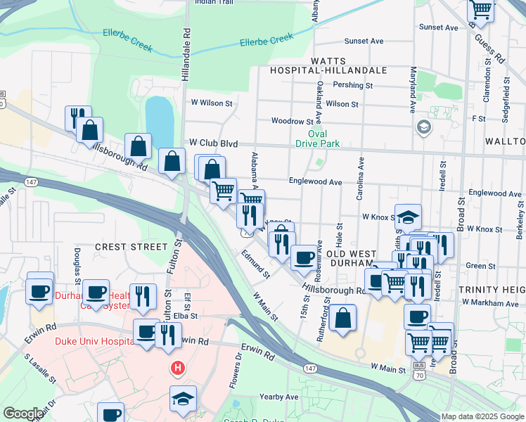 map of restaurants, bars, coffee shops, grocery stores, and more near 1016 Alabama Avenue in Durham