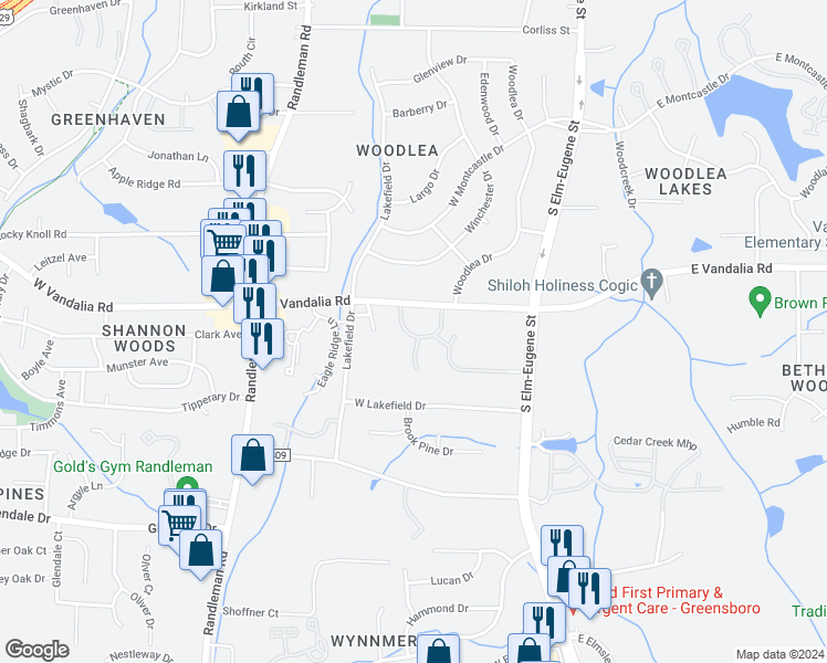 map of restaurants, bars, coffee shops, grocery stores, and more near 209 West Vandalia Road in Greensboro