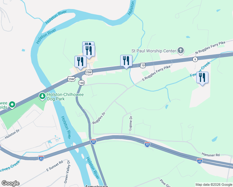 map of restaurants, bars, coffee shops, grocery stores, and more near 6300 Ruggles Drive in Knoxville