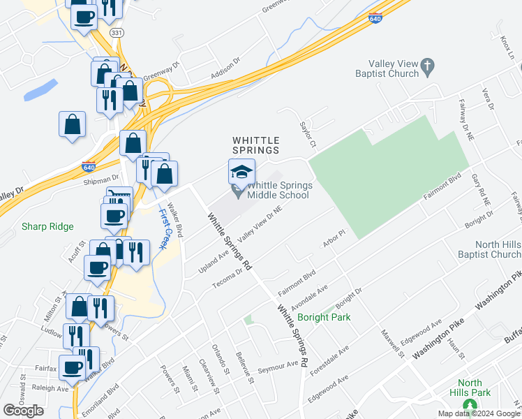 map of restaurants, bars, coffee shops, grocery stores, and more near 2700 White Oak Lane in Knoxville