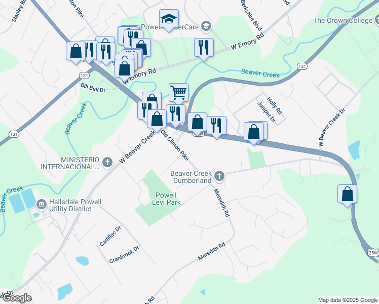 map of restaurants, bars, coffee shops, grocery stores, and more near 7311 Clinton Highway in Powell