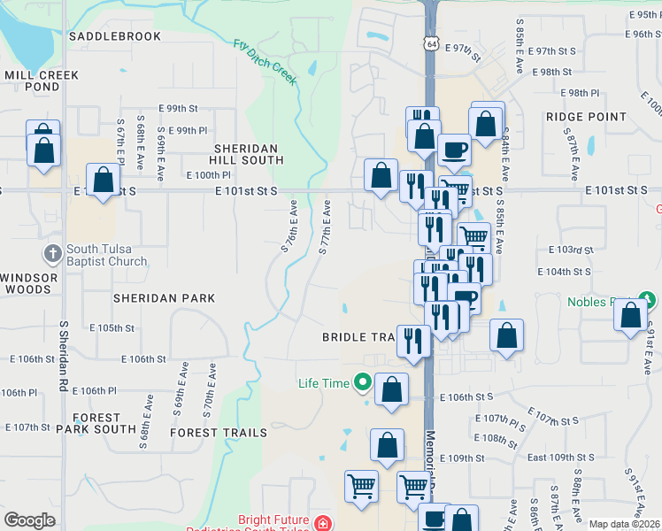 map of restaurants, bars, coffee shops, grocery stores, and more near 10232 South 77th East Avenue in Tulsa