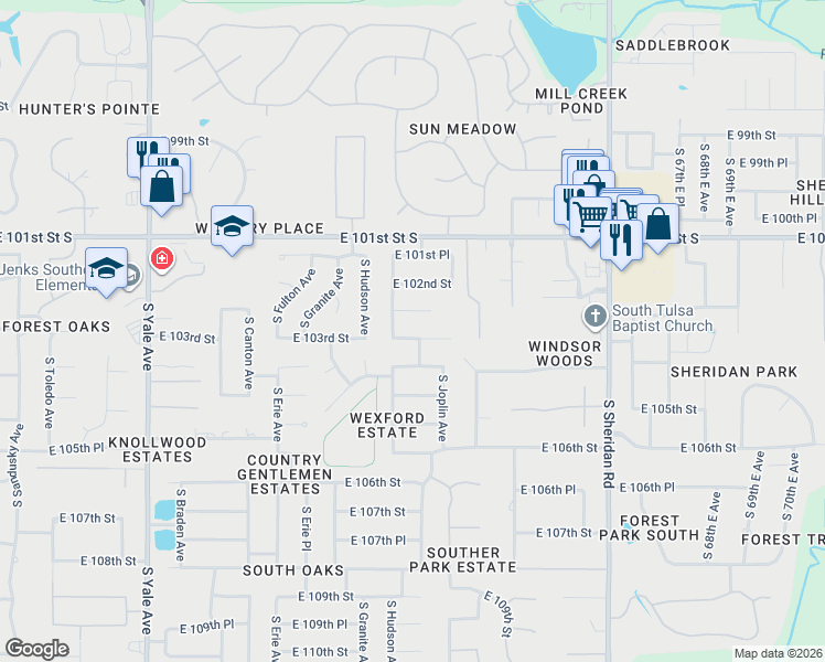 map of restaurants, bars, coffee shops, grocery stores, and more near 5734 East 102nd Place in Tulsa