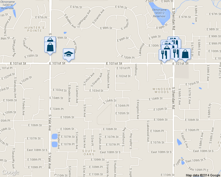 map of restaurants, bars, coffee shops, grocery stores, and more near 10226 South Hudson Place in Tulsa