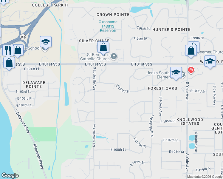 map of restaurants, bars, coffee shops, grocery stores, and more near 3849 East 103rd Street in Tulsa