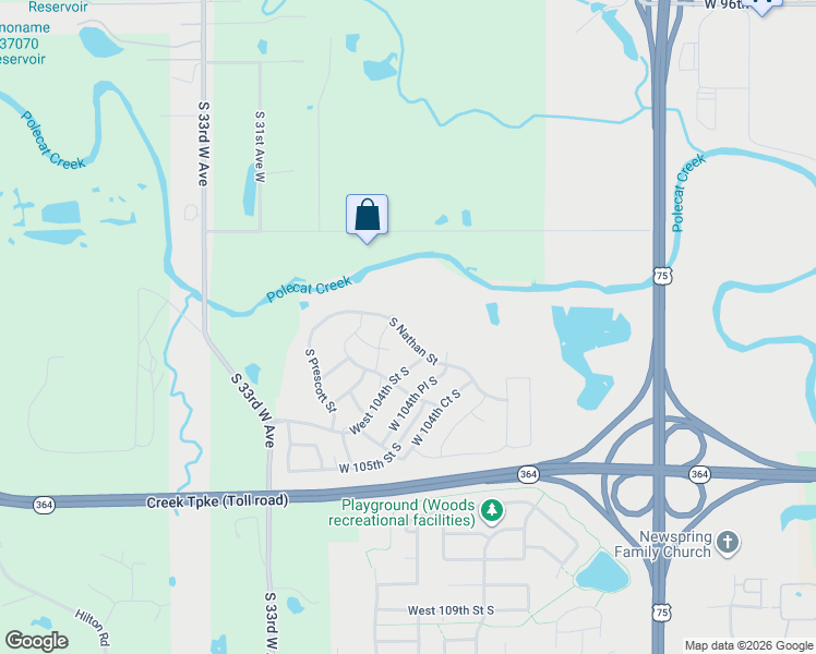 map of restaurants, bars, coffee shops, grocery stores, and more near 10365 South Nathan Street in Jenks
